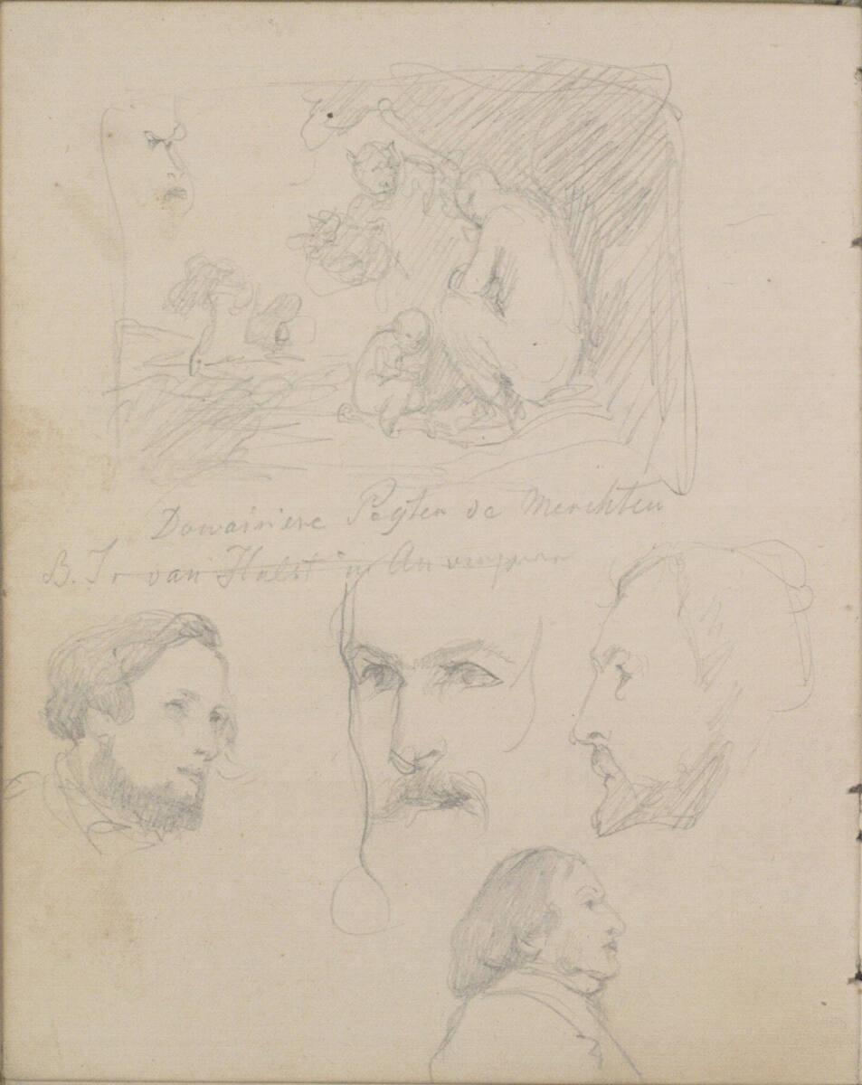 Josef Danhauser, Skizze nach Venus Figida mit Amor und Satyr von Peter Paul Rubens; Kopfstudien…