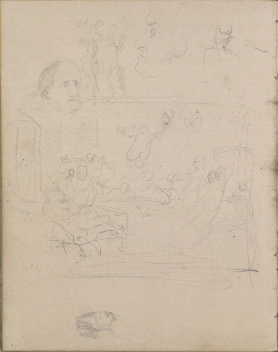 Josef Danhauser, Kopfstudien und ein Kompositionsentwurf einer mehrfigurigen Szene, Inv. Nr.: 2…