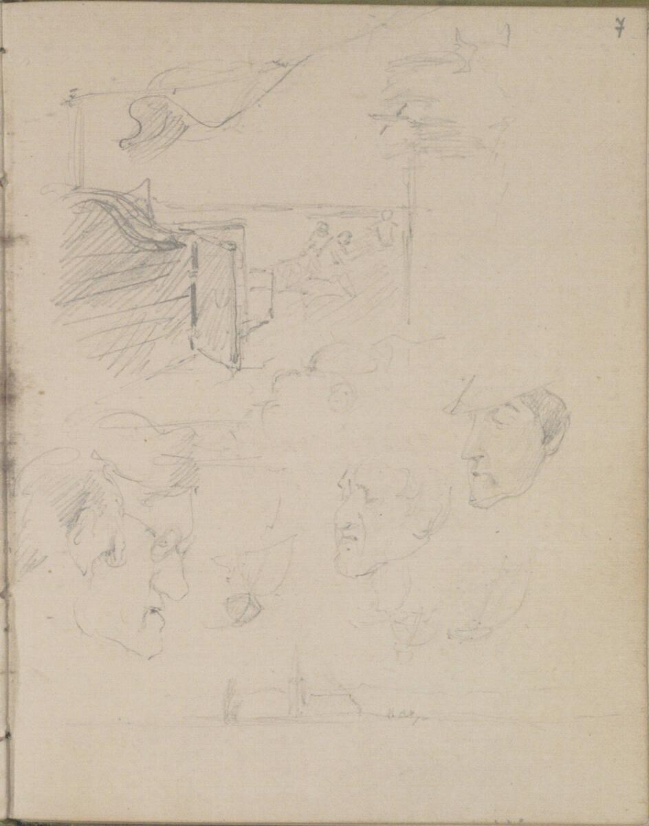 Josef Danhauser, Drei Personen auf einem Schiff (?) und drei Kopfstudien, Inv. Nr.: 26559/7r