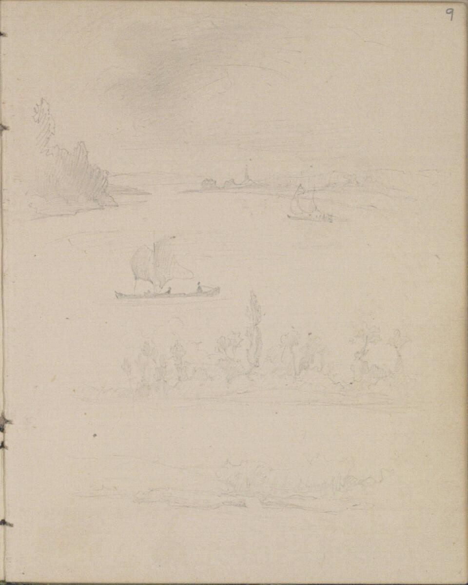 Josef Danhauser, Schiffe in einer Landschaft mit See; kleine Wald- und Felslandschaft (drei Ebe…