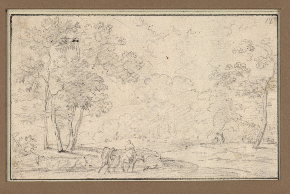 Baumreiche Landschaft mit Reiterin und einem Wanderer