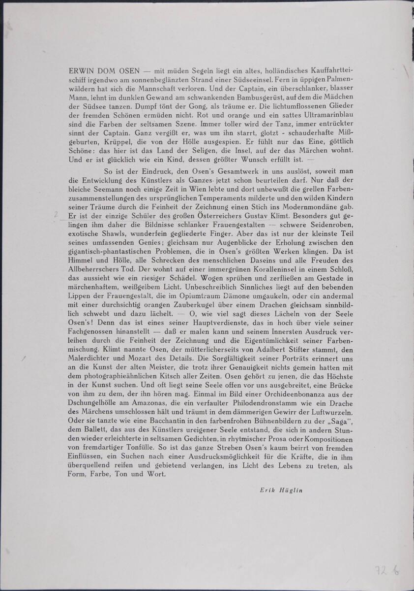 Ausstellungskatalog von Erwin Dominik Osens Ausstellung von 1947 mit Einleitung und Liste seine…