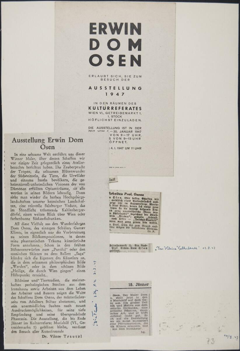 Einladungskarte "Erwin Dom Osen", Zeitungsartikel "Ausstellung Erwin Dom Osen" (Die Furche), "N…