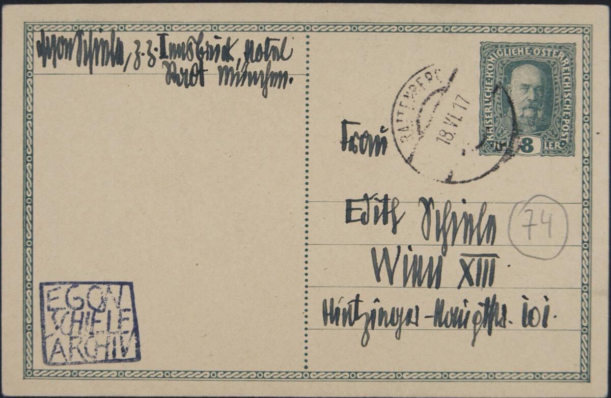 Postkarte von Egon Schiele an seine Frau Edith vom 18. Juni 1917, Inv. Nr.: ESA74v
