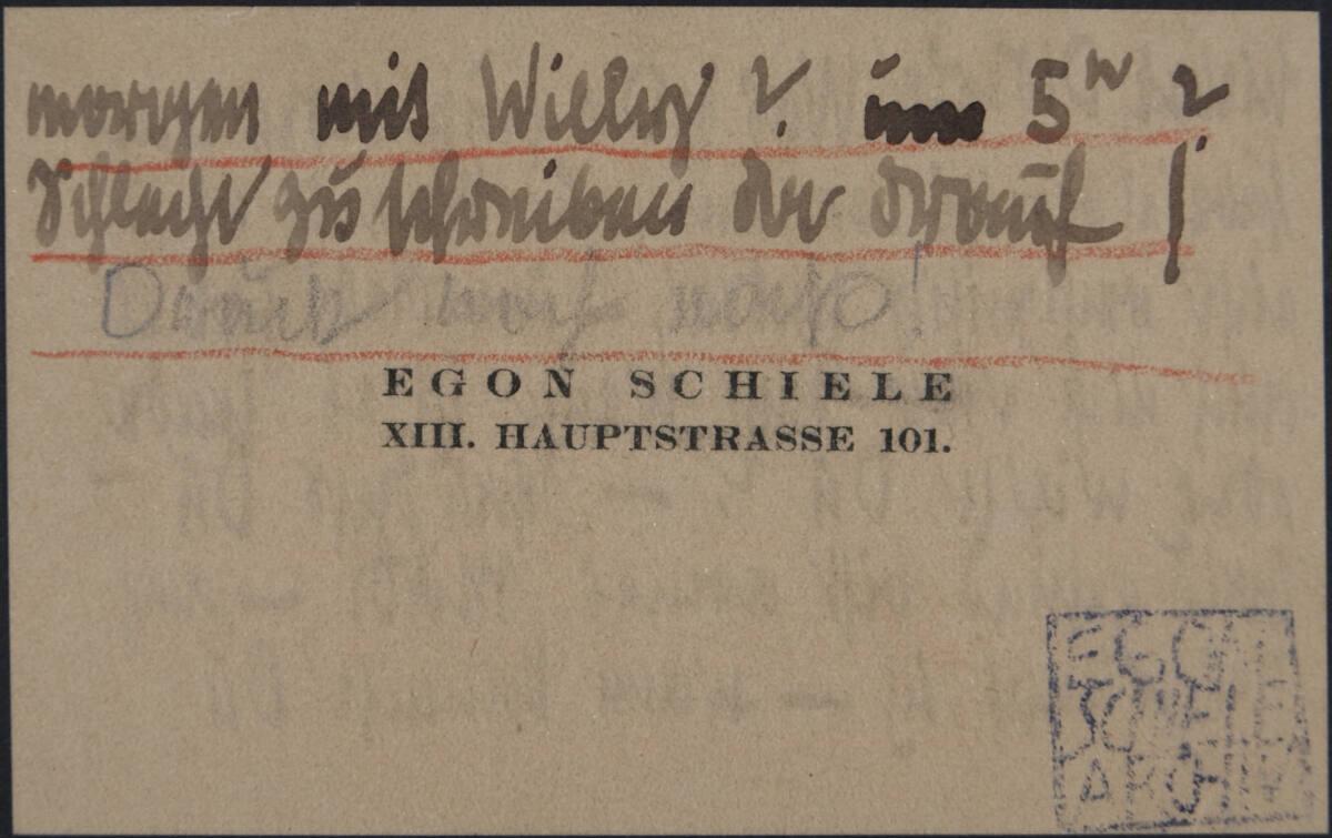Visitenkarte von Egon Schiele mit Nachricht an seine Frau Edith vom 4. März 1916 (?), Inv. Nr.:…