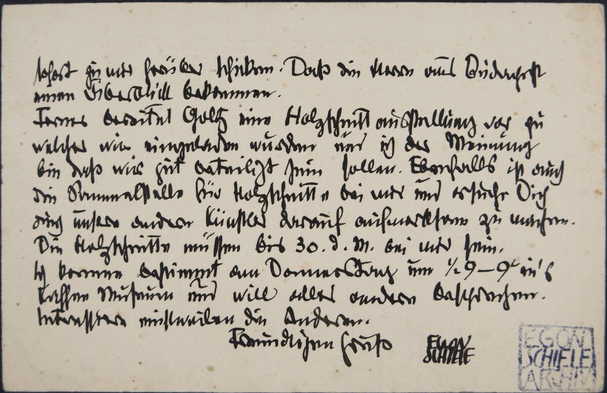 Briefkarte von Egon Schiele an Johannes Fischer vom 15. April 1918, Inv. Nr.: ESA80v