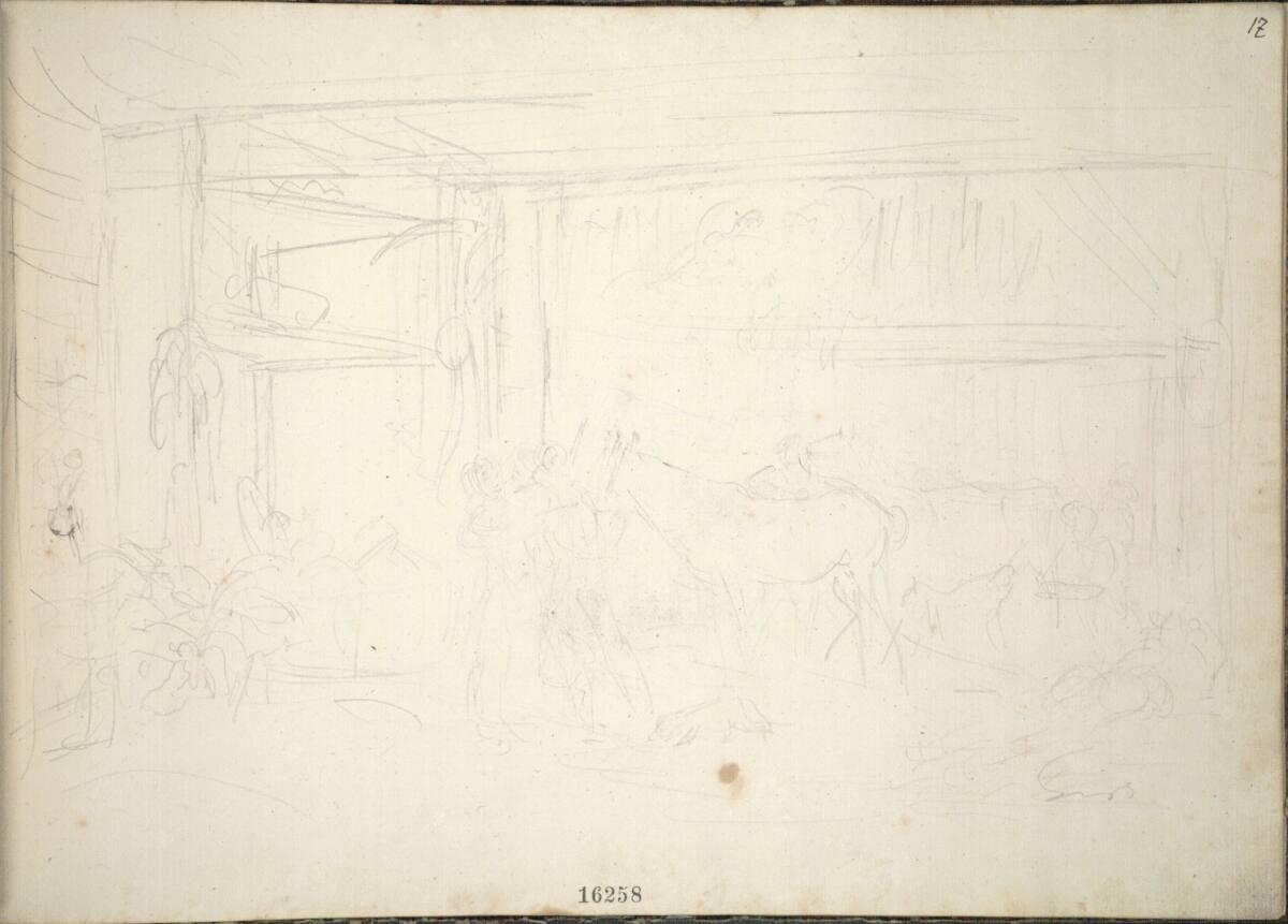 Friedrich Gauermann, Bleistiftstudie zum Gemälde "Dragonereinquartierung" (lt. Krauland 375), I…