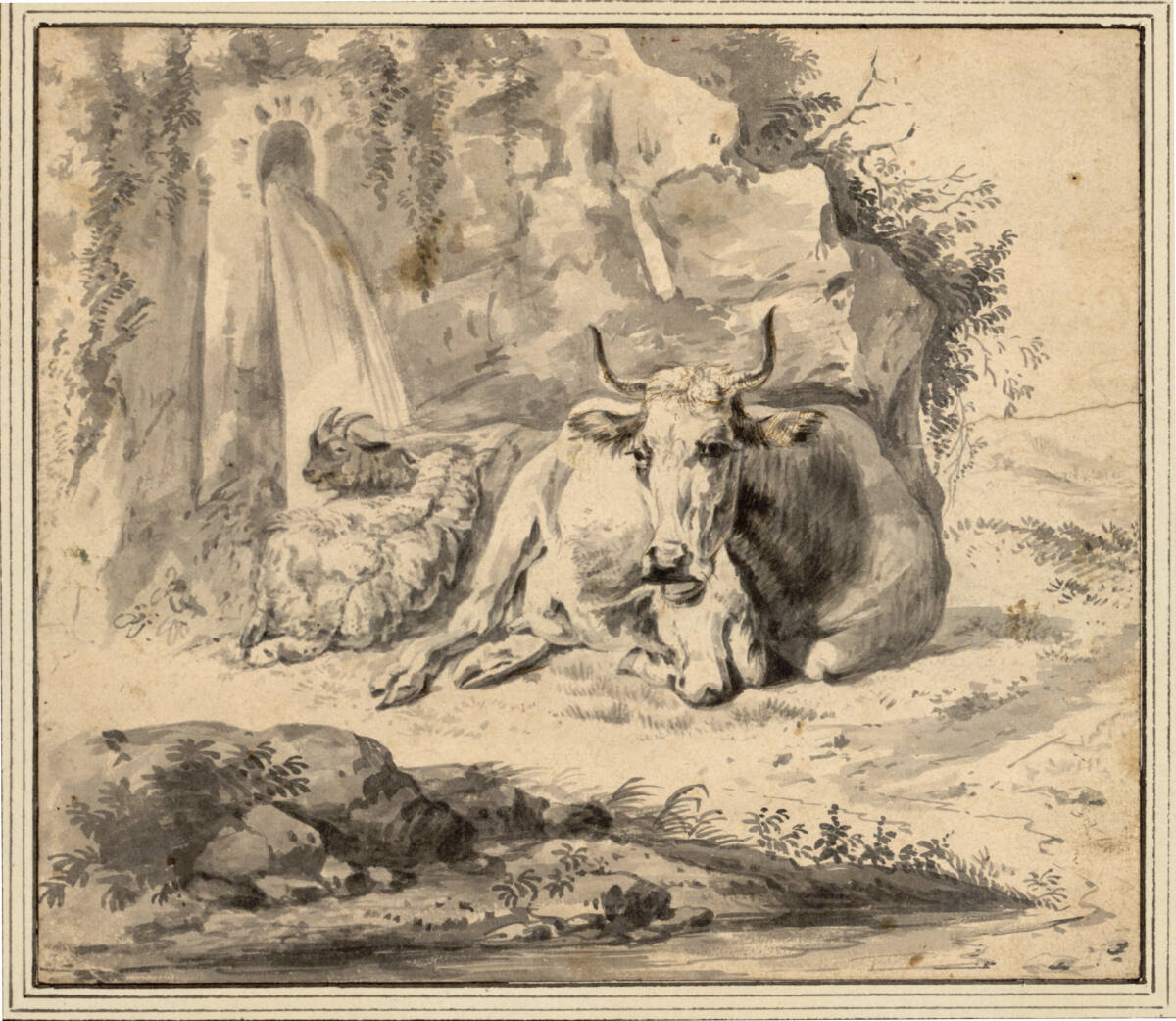 Kuh, Schaf und Ziege, an einem Bach liegend, im Hintergrund ein künstlicher Wasserfall, WillemRomeijn