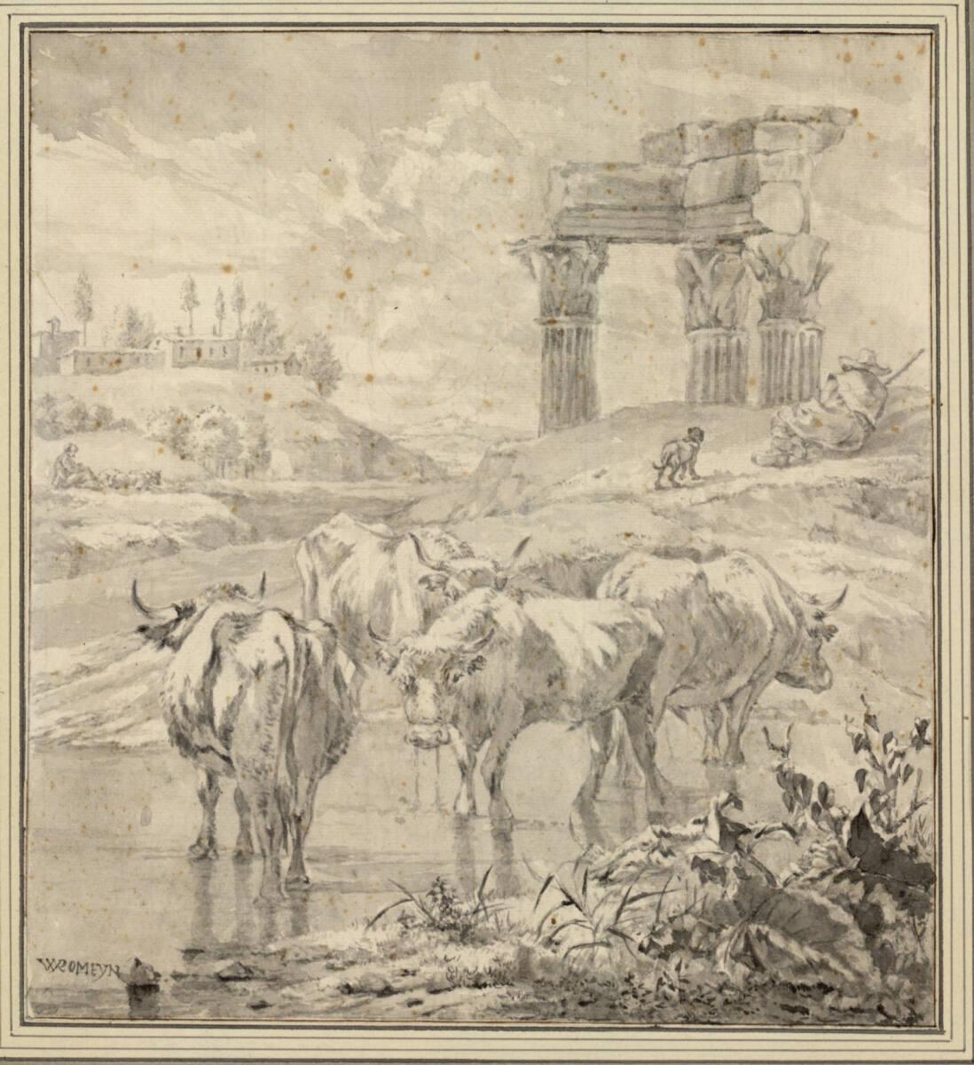 Willem Romeijn, Kleine Rinderherde, im Wasser stehend, im Hintergrund eine Tempelruine, Inv. Nr…