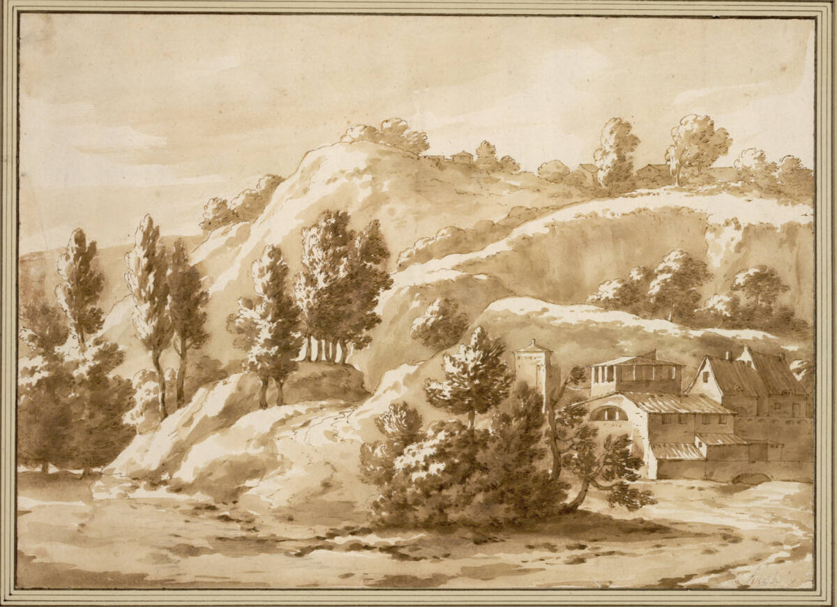 Südliche Hügellandschaft mit Bäumen und Häusern, Jacob van der Ulft