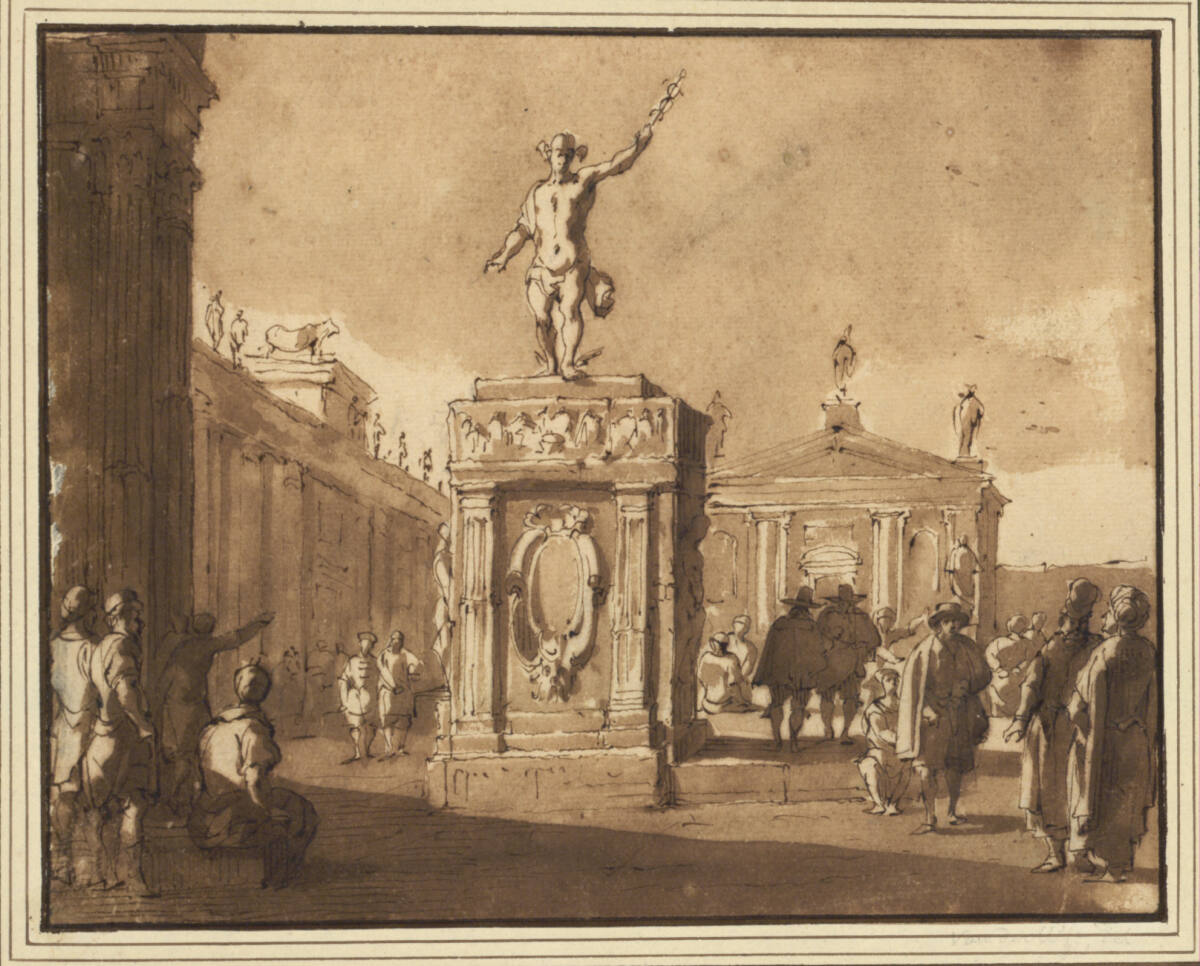 Stadtplatz mit Merkurstatue und diskutierenden Männern verschiedener Nationen, Jacob van der Ulft