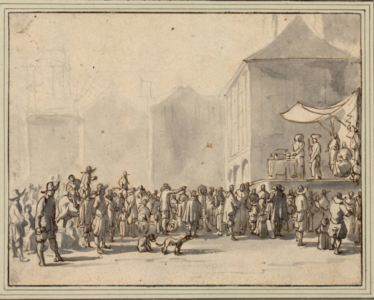 Komödiantenbühne mit viel Publikum auf einem Stadtplatz, Jacob van der Ulft