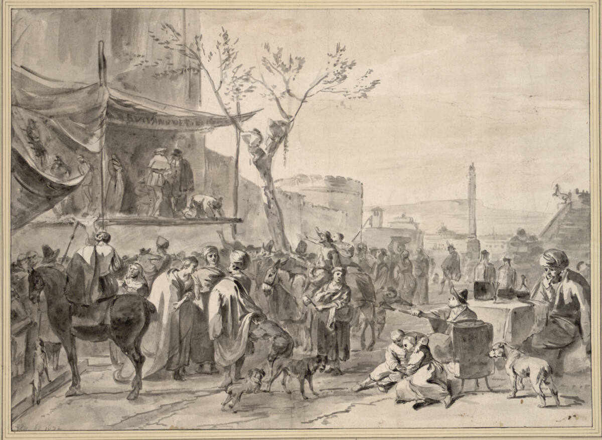 Komödiantenbühne auf einem italienischen Jahrmarkt, Hendrik Verschuring, 1672