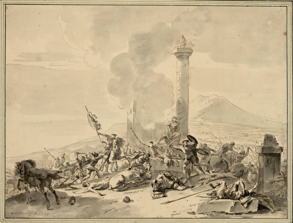 Schlacht auf einem Hügel mit antiker Triumphsäule, Hendrik Verschuring, 1695