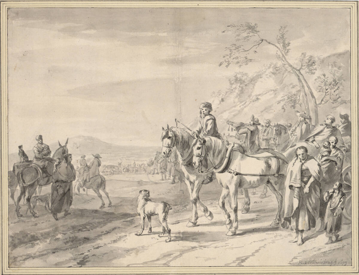 Tross mit Frauen und Kindern, unweit einer Schlacht, Hendrik Verschuring, 1679