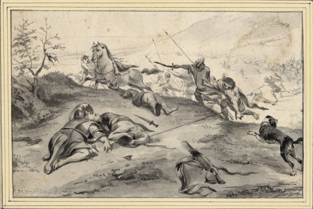 Gefallene auf dem Schlachtfeld, im Hintergrund angreifende und flüchtende Truppen, Hendrik Verschuring