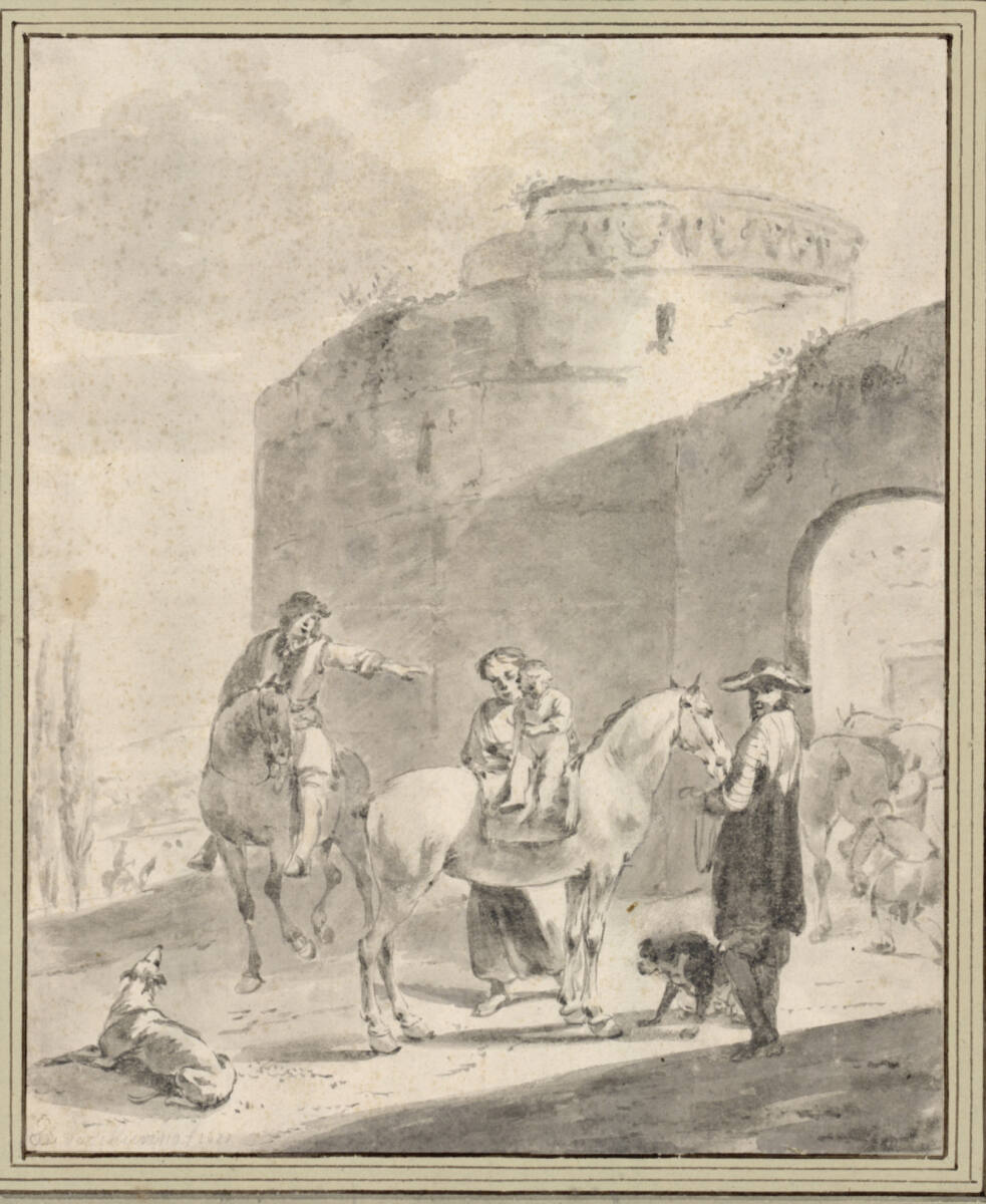 Zwei Männer und eine Frau, die ihr Kind auf ein Pferd setzt, vor einem Tor bei einem ruinösen Rundturm, Hendrik Verschuring, 1677