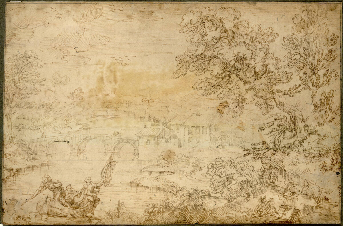 Weite Landschaft, Boot mit Fischern und Musikanten, Giovanni Francesco Grimaldi