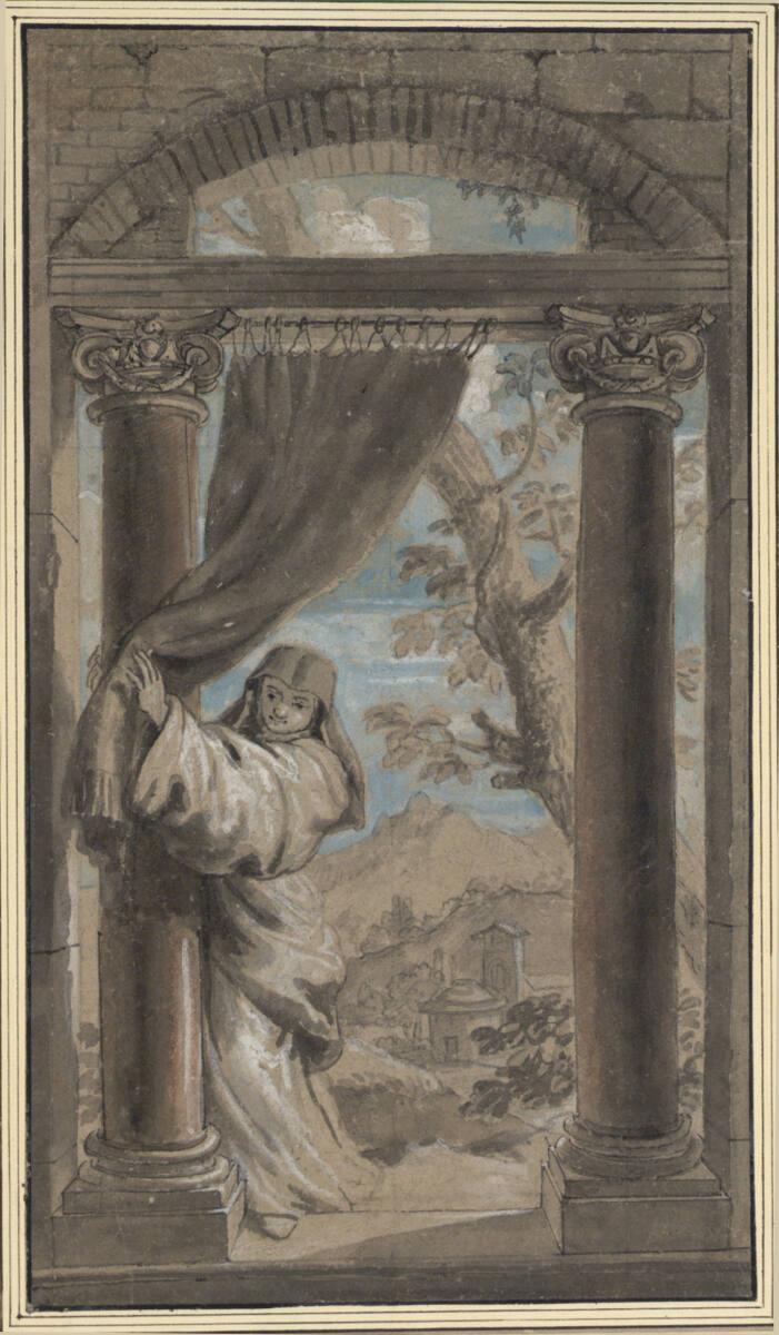 Jan Erasmus Quellinus, Eine Nonne, die den Vorhang eines großen Fensters zur Seite schiebt, um …