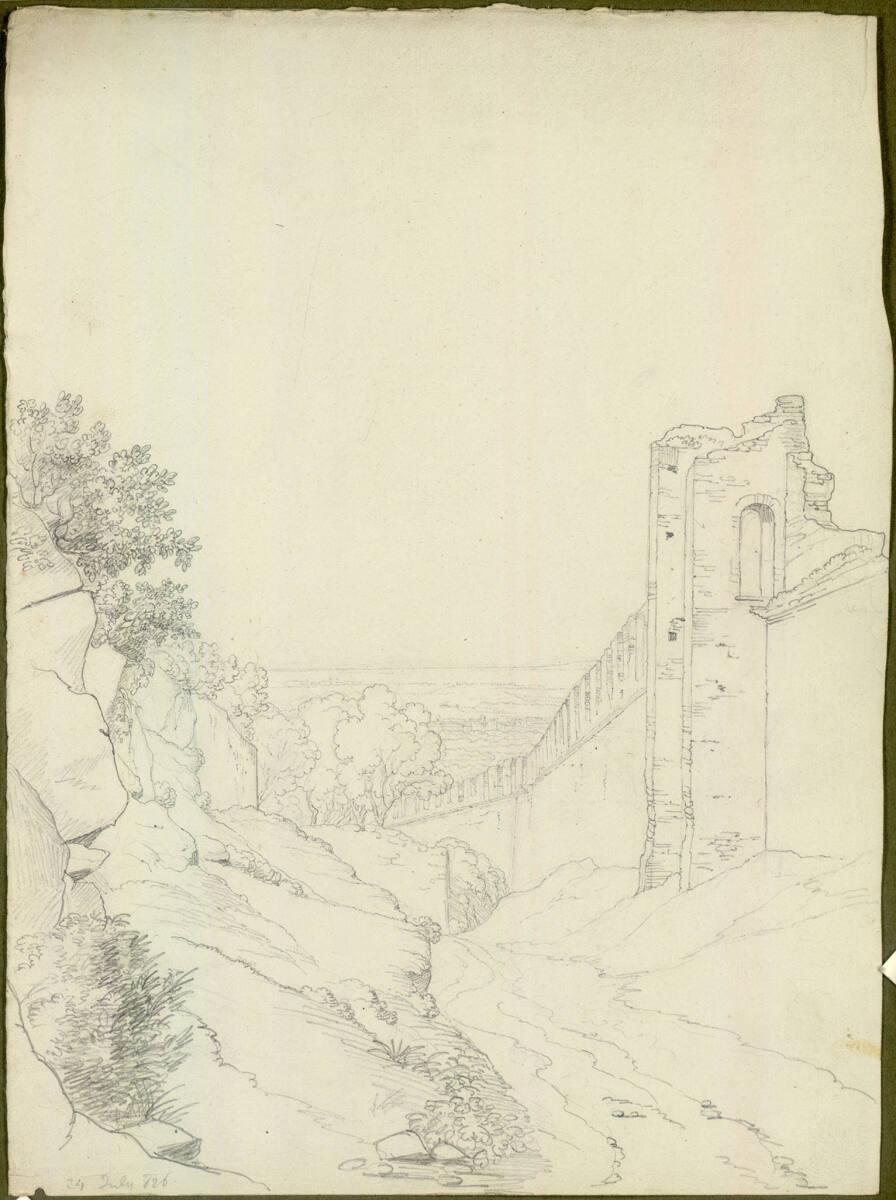Anonym, Landschaft mit Mauer, von einer Burgruine hinunter ins Tal (Dürnstein?), Inv. Nr.: 4395…