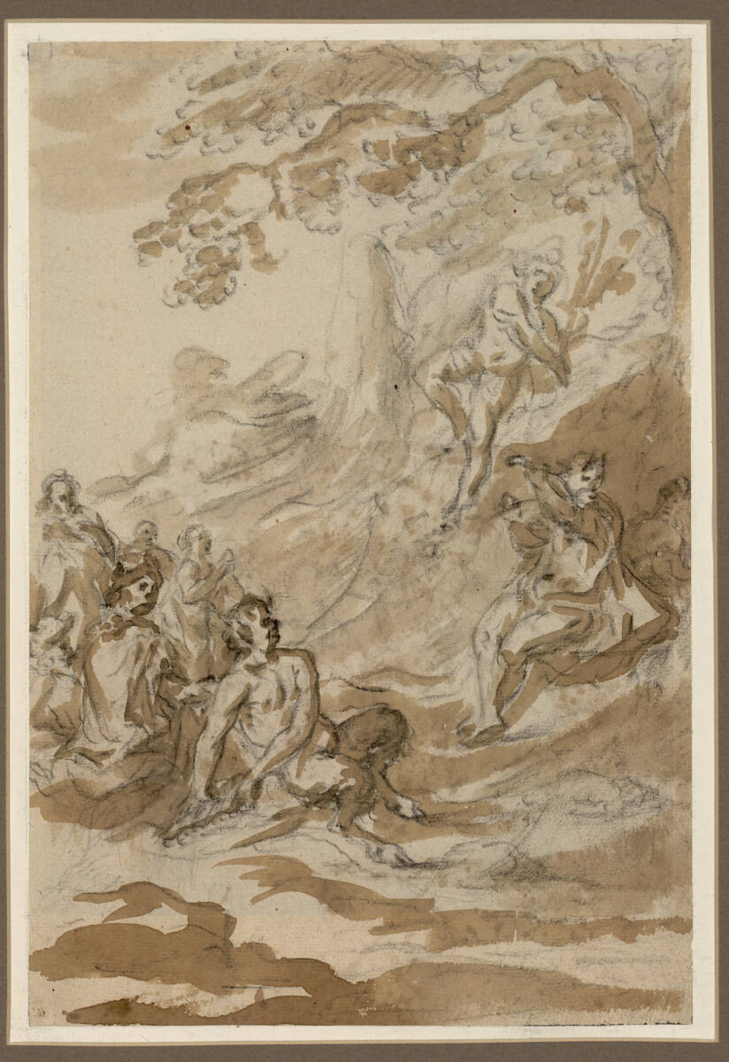 Marsyas und Midas vor dem Geige spielenden Apoll, darüber Merkur, Willem Doudijns
