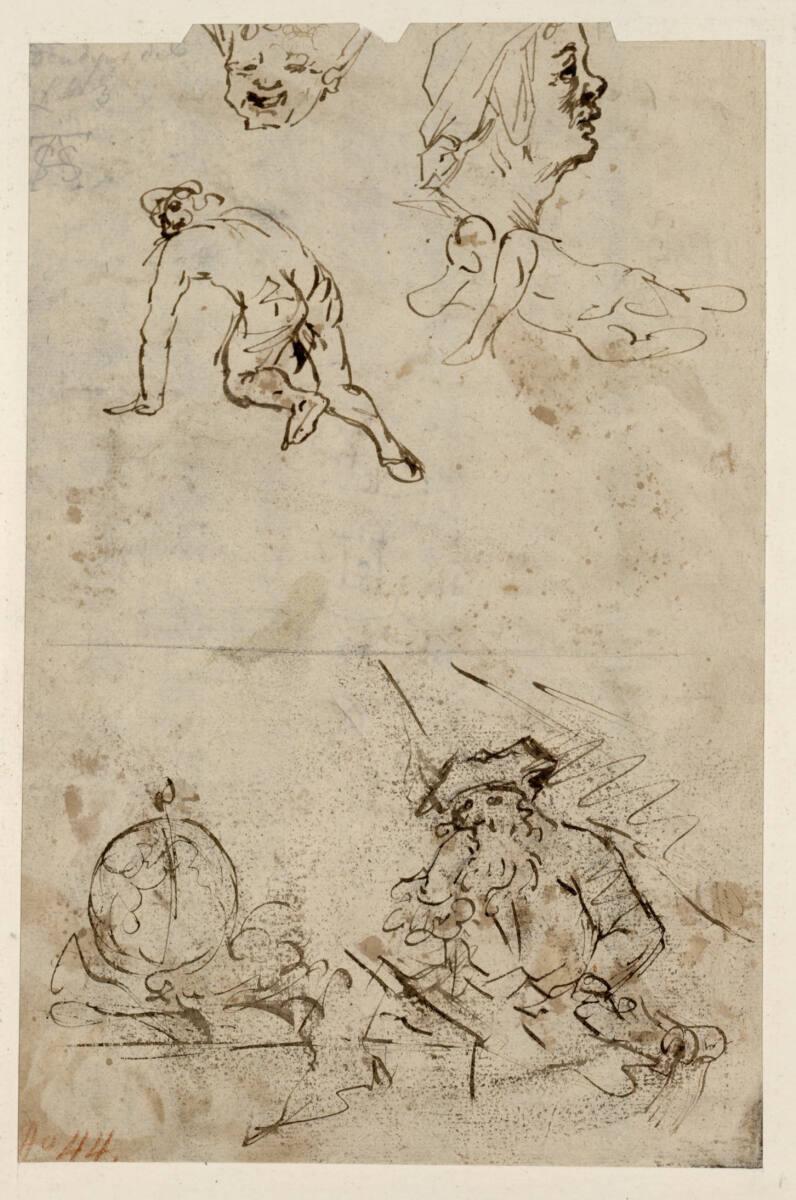 Willem Doudijns, Studienblatt mit zwei Köpfen, zwei Figuren und sitzendem Gelehrten, Inv. Nr.: …