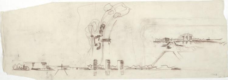 Lois Welzenbacher, Unbestimmt, städtebauliche Studie, Hafenanlage, 3 Silos, 3 Skizzen, Ansicht,…