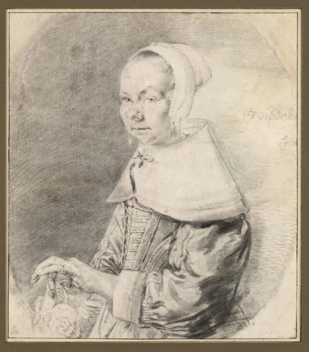 Cornelis Visscher, Porträt einer jungen Frau, mit Rosen in der linken Hand  (halbfigurig im Ova…