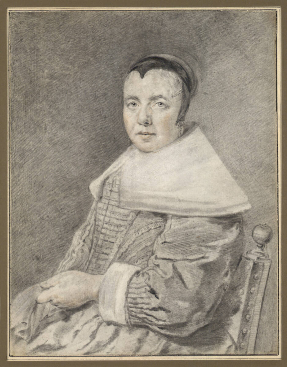 Porträt einer Frau mit schwarzem Häubchen, auf einem Stuhl sitzend, Cornelis Visscher