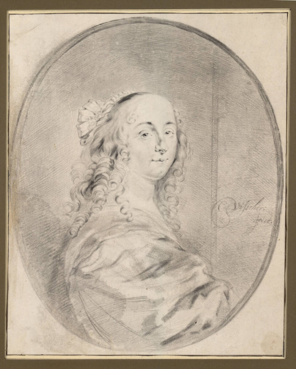 Porträt einer Dame mit langen Locken, halbfigurig im Oval (Königin Christina von Schweden?), Cornelis Visscher