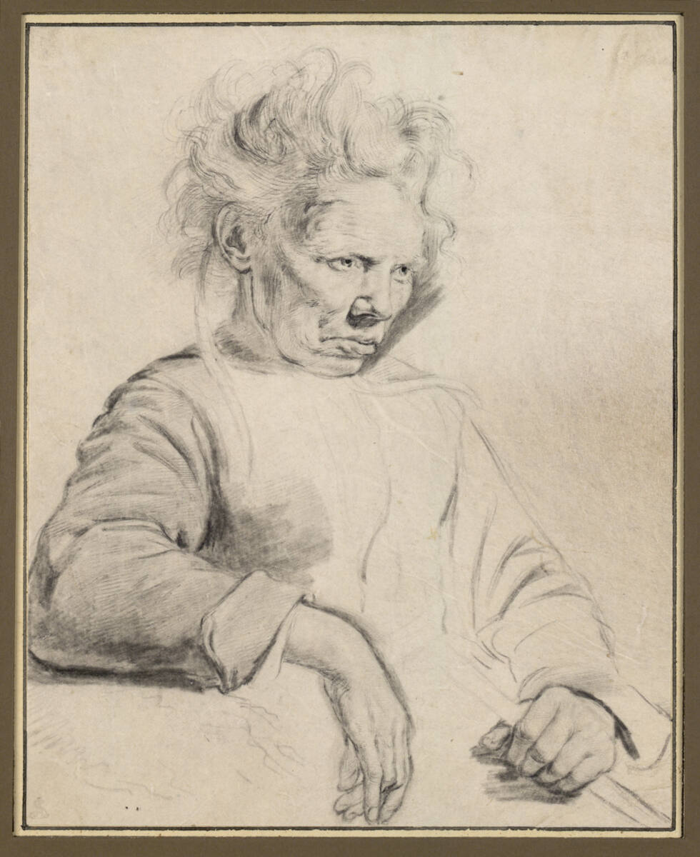 Sitzende ältere Frau mit zerzaustem Haar und düsterem Gesichtsausdruck, Cornelis Visscher