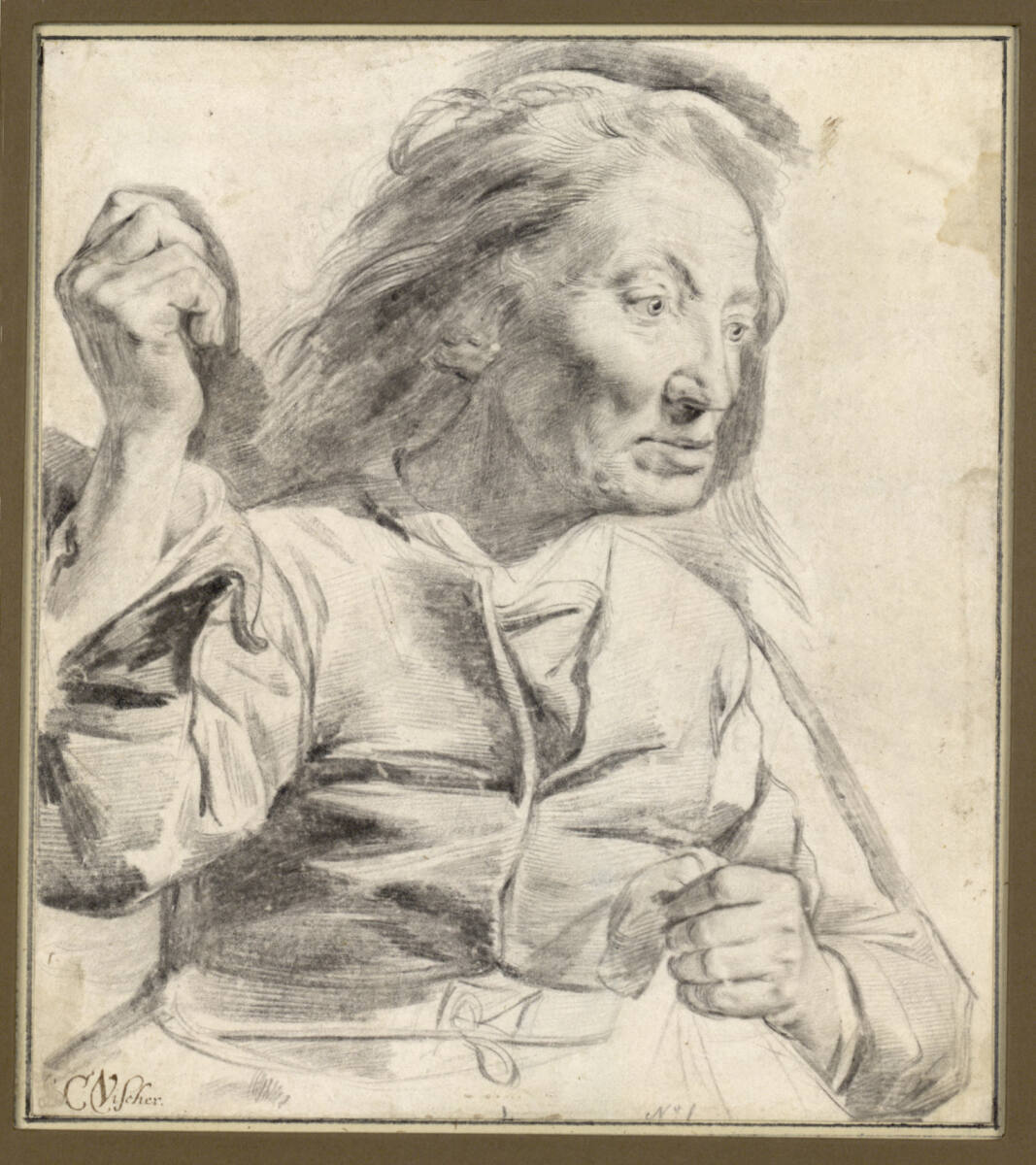 Ältere Frau mit erhobener Faust und aggressivem Gesichtsausdruck (Studie für eine Hexe?), Cornelis Visscher