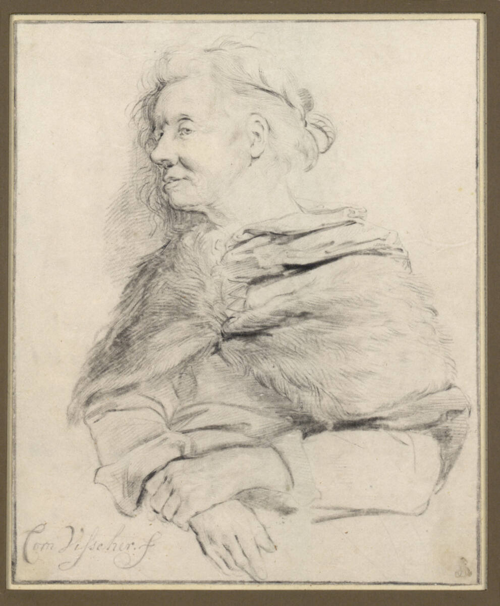 Ältere Frau mit offenem Haar, halbfigurig, die Hände in den Schoß gelegt, Cornelis Visscher