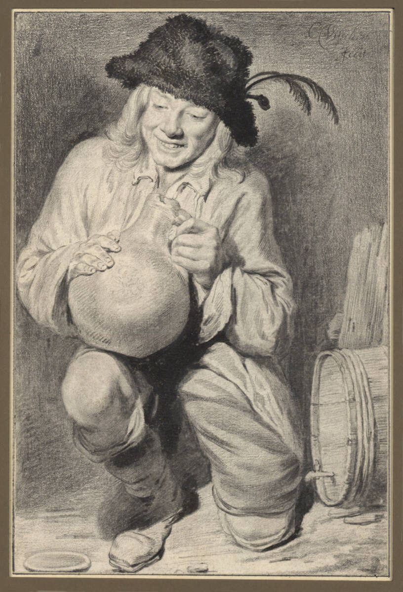 Knabe mit Pelzmütze und Trinkkrug, bei einem Fässchen kniend, Cornelis Visscher