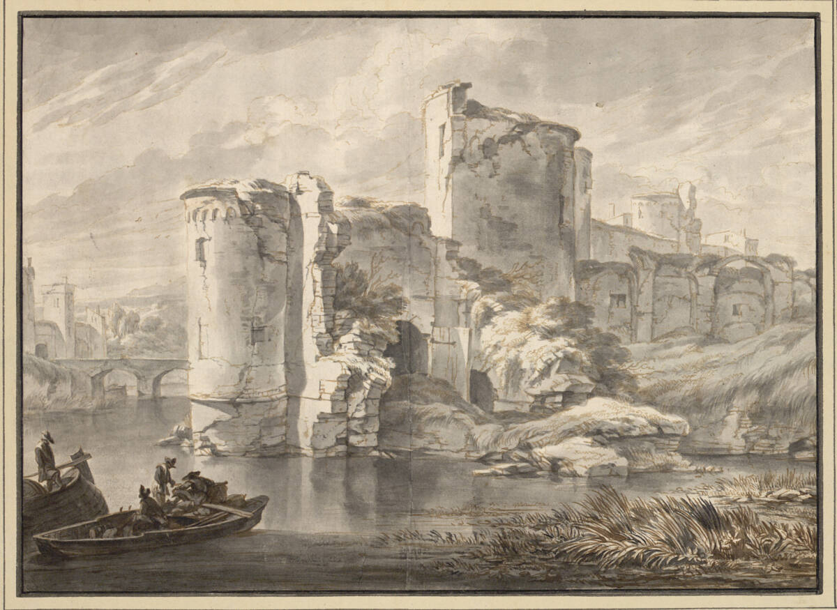 Blick auf Ruinen und Wassergraben vor den Mauern von Nieuport (?), Hendrik van Minderhout