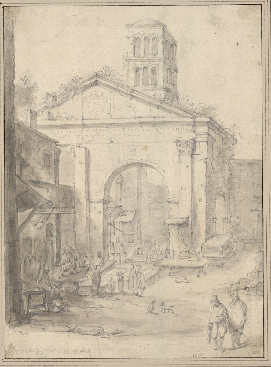 Der Portico di Ottavia in Rom, mit leeren Markttischen und wartenden Männern (Sa. Maria in Porticus, Fischmarkt), Jan Abrahamsz Beerstraaten
