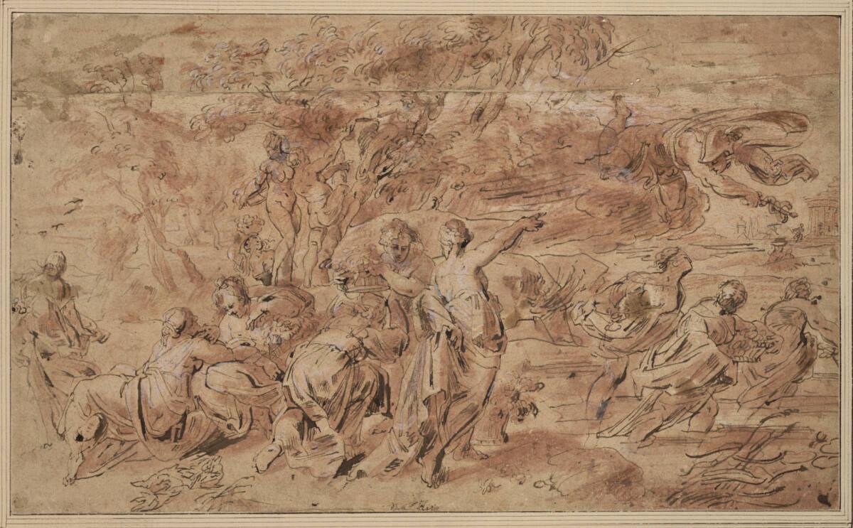Willem van Herp, Nymphen mit Fruchtkörben und bei der Obsternte, von Merkur zum Tempel der Pomo…