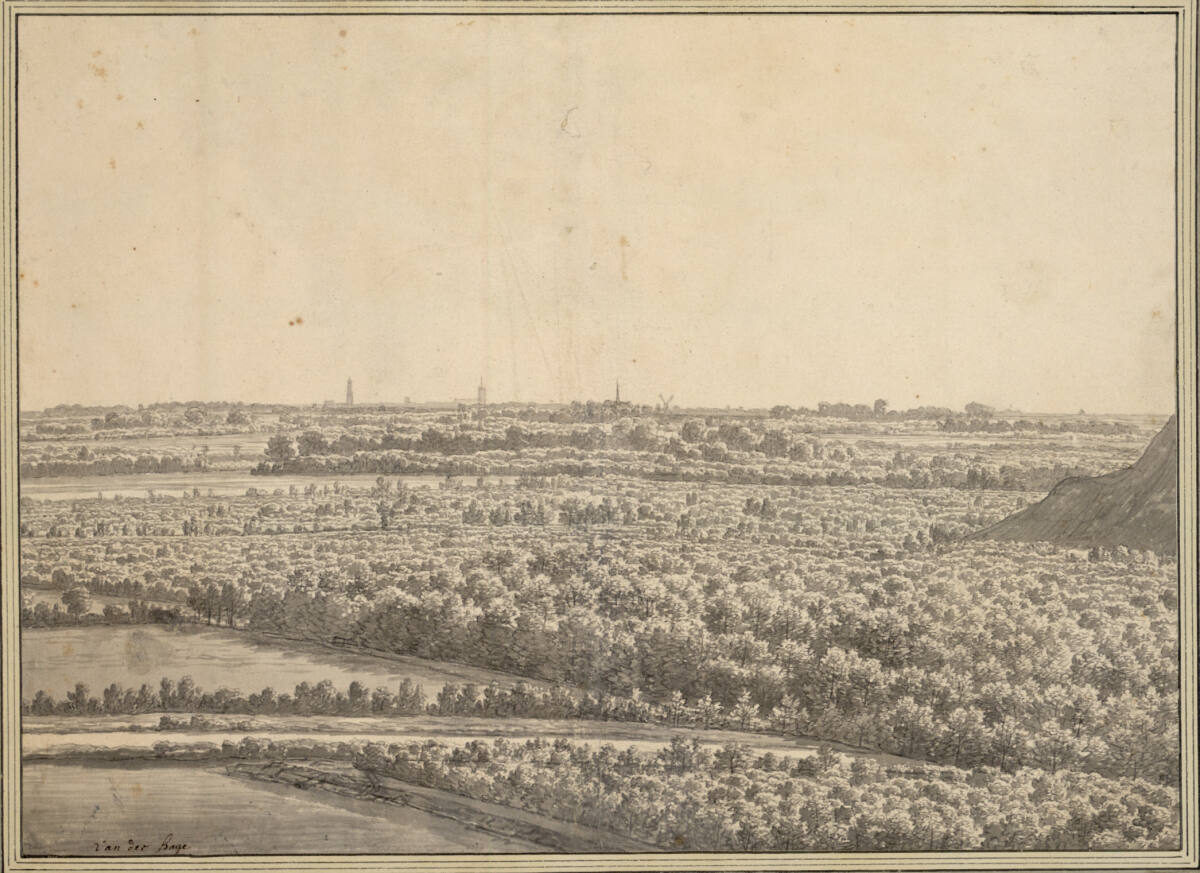 Baumreiche Panoramalandschaft mit Fernblick auf Delft, Joris van der Haagen