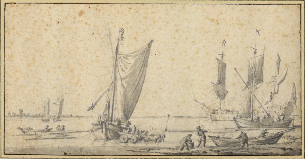 Ludolf Bakhuizen, Entladung eines Bootes am Strand, Boote und ankerndes Kriegsschiff im Hinterg…