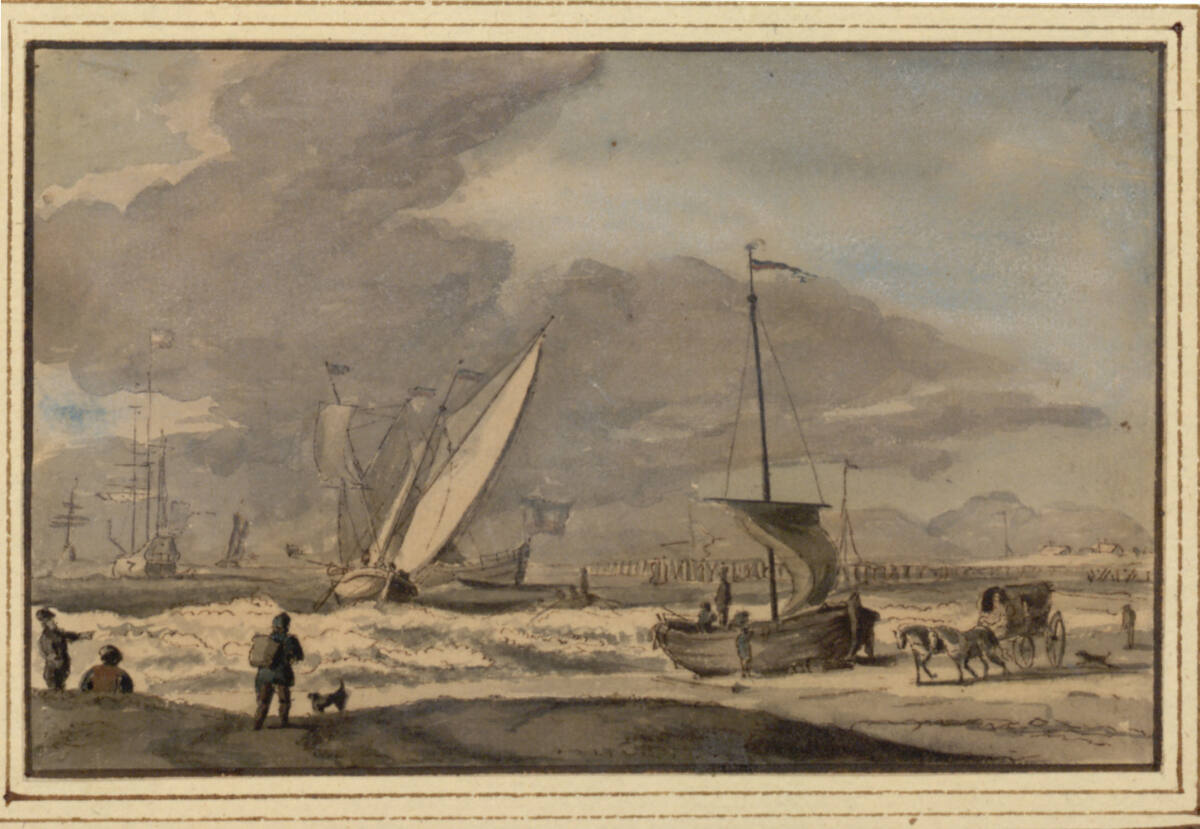 Blick auf das Meer bei aufziehendem Unwetter, vorne ein Strand mit Pferdewagen und Fischerboot, Ludolf Bakhuizen