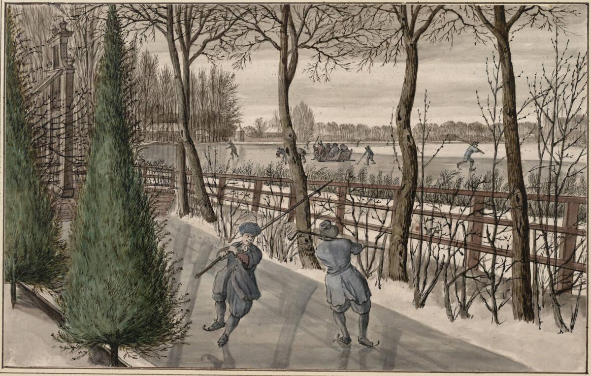 Abraham Rutgers, Ludolf Bakhuizen, Zwei Schlittschuhläufer auf einem zugefrorenen Schlossgraben…