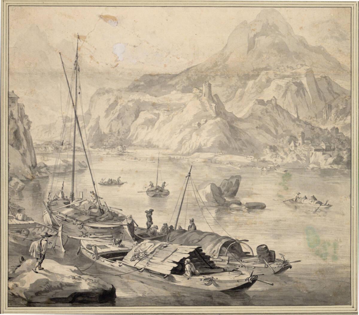 Gebirgige Flußlandschaft mit ankernden Lastkähnen und Booten, Inv. Nr.: 10019
