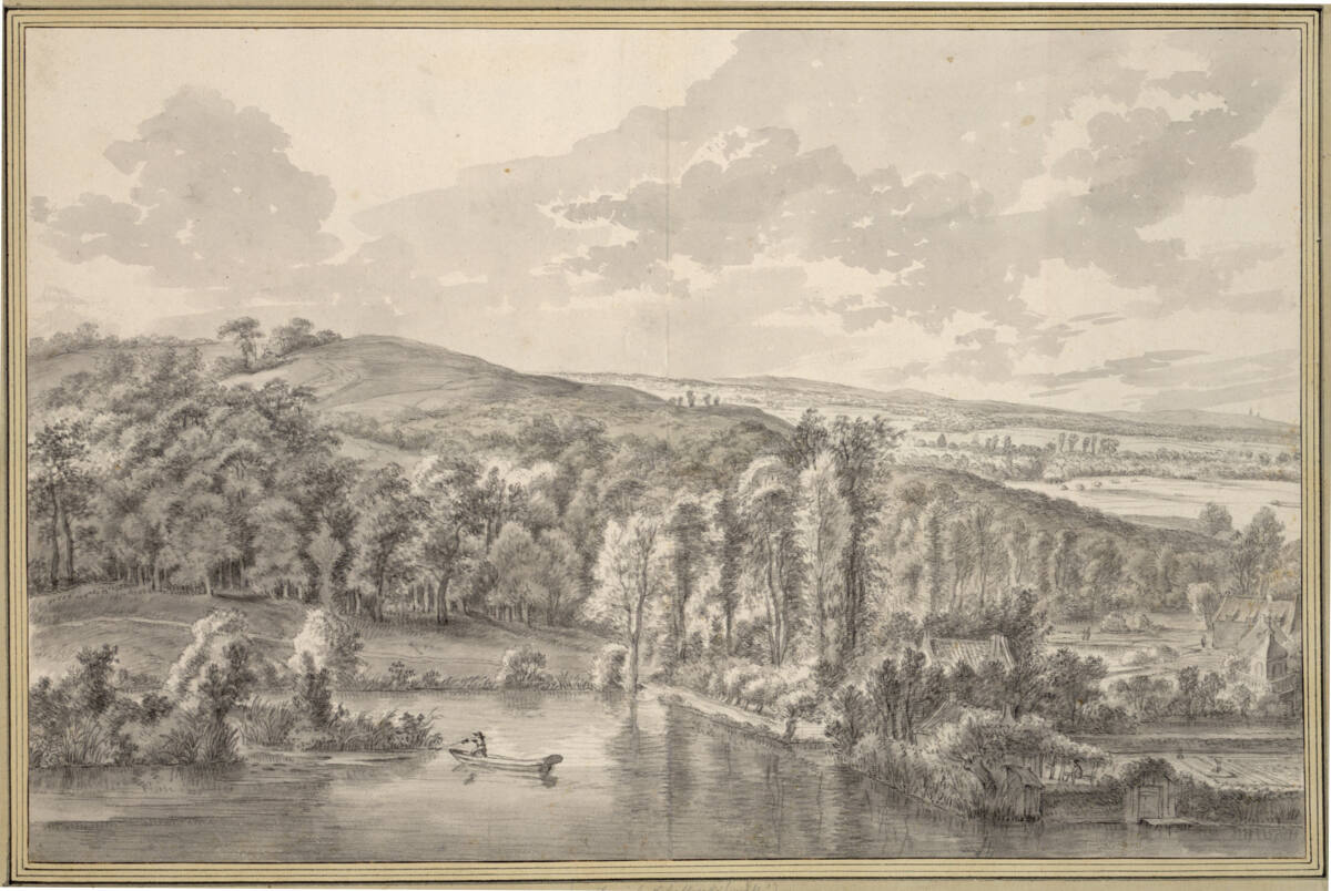Baumreiche Hügellandschaft mit Teich und Gärten (Die Umgebung von Rozendaal bei Arnhem), Antonie Waterloo