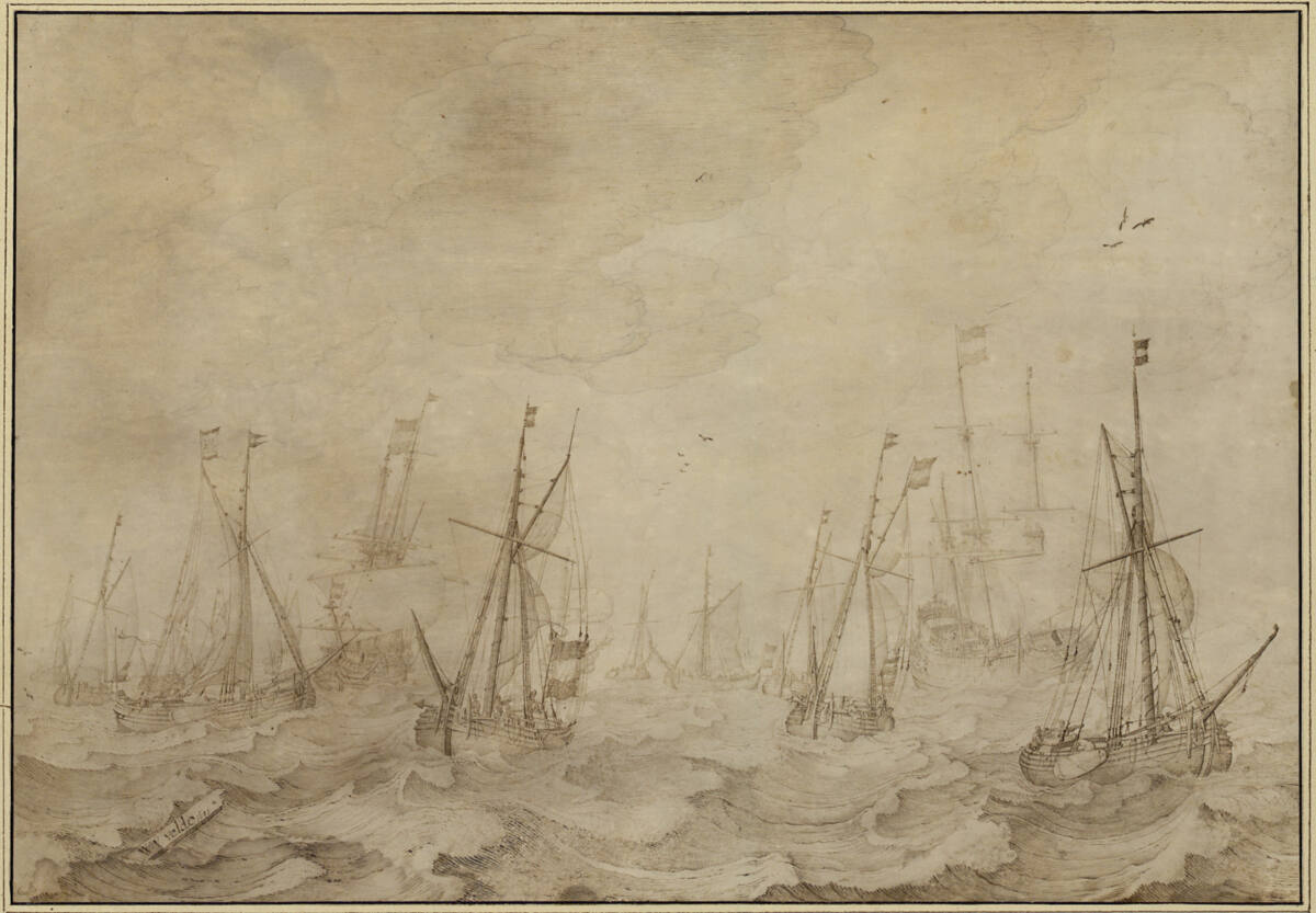 Handelsschiffe auf bewegter See, von Leichtern umgeben, Willem van de Velde d. Ä., 1641
