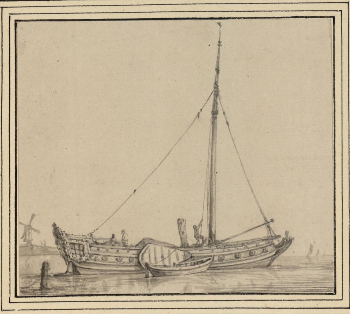 Abgetakeltes Boot, im Hintergrund eine Windmühle, Inv. Nr.: 10042