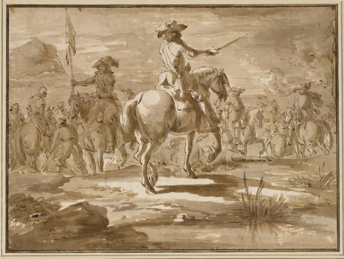 Adam Frans van der Meulen, Feldherr zu Pferde, von hinten gesehen, vor seiner Reiterei, Inv. Nr…