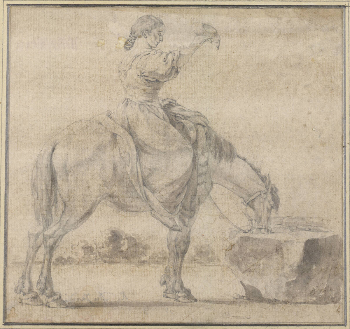Junge Frau zu Pferde an einem Brunnen, Jan Asselijn