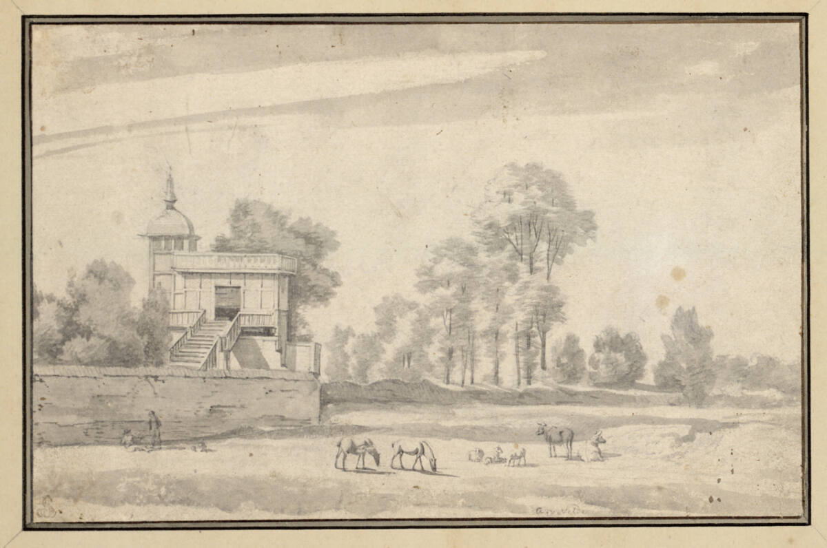 Viehweide vor einer Parkmauer, an der ein hoher Pavillon steht, Адриан ван де Вельде