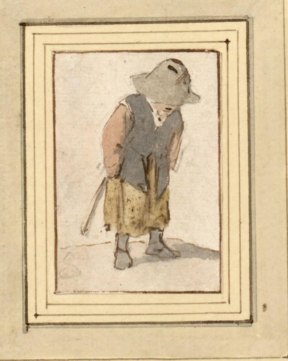 Stehender Knabe, in Lumpen gekleidet, sein Gesicht vom Hut verdeckt, Inv. Nr.: 10161
