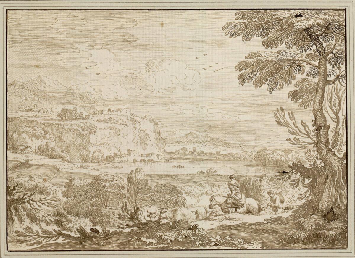 Jean François  Millet (I) gen. Francisque, Weite südliche Landschaft mit Reiterin und einem Hir…